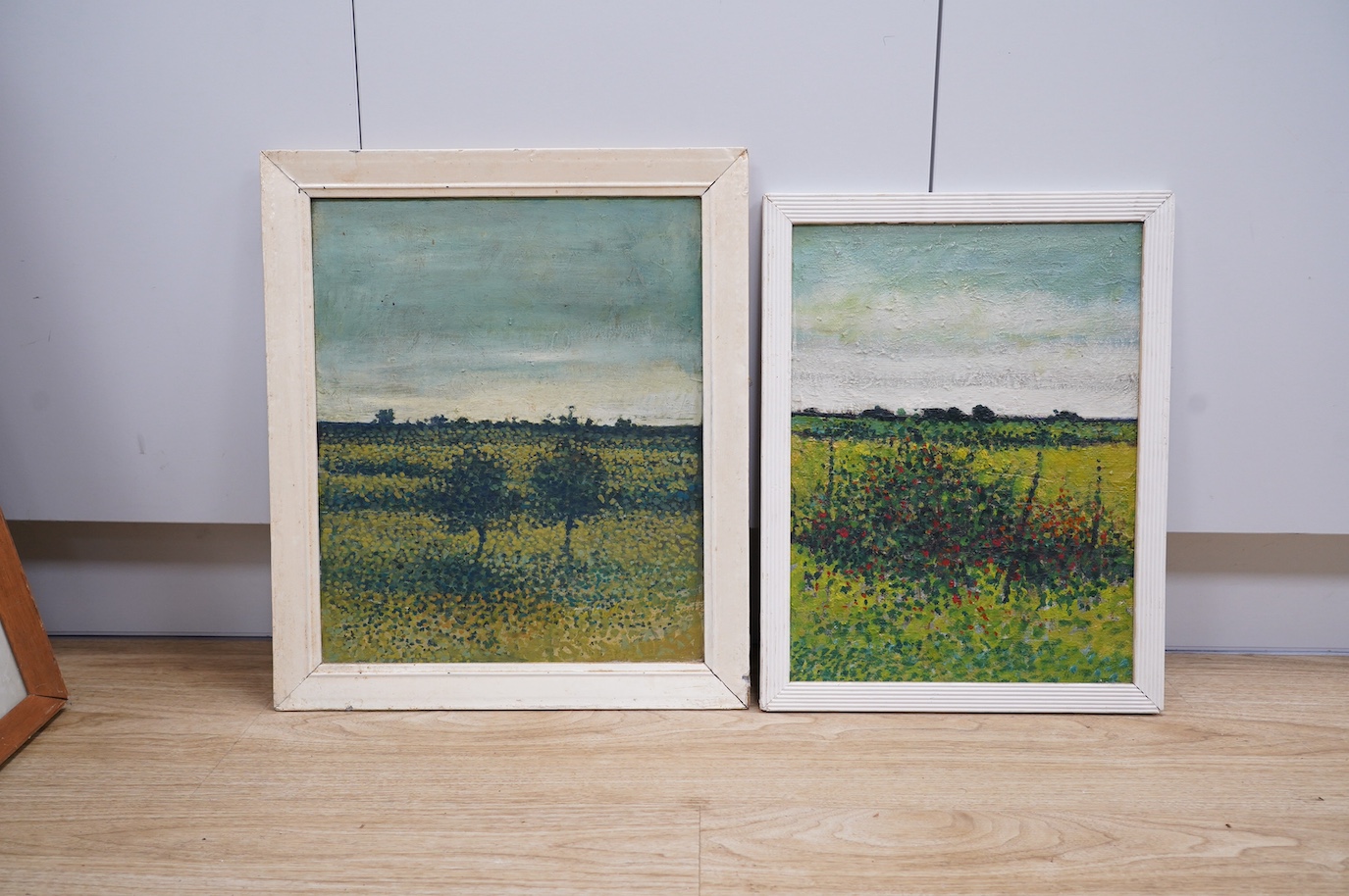 Two Pointillist oils on board, Rural landscapes, one inscribed in ink David Humphreys 1959 verso, unsigned, largest 42 x 34cm. Condition - fair